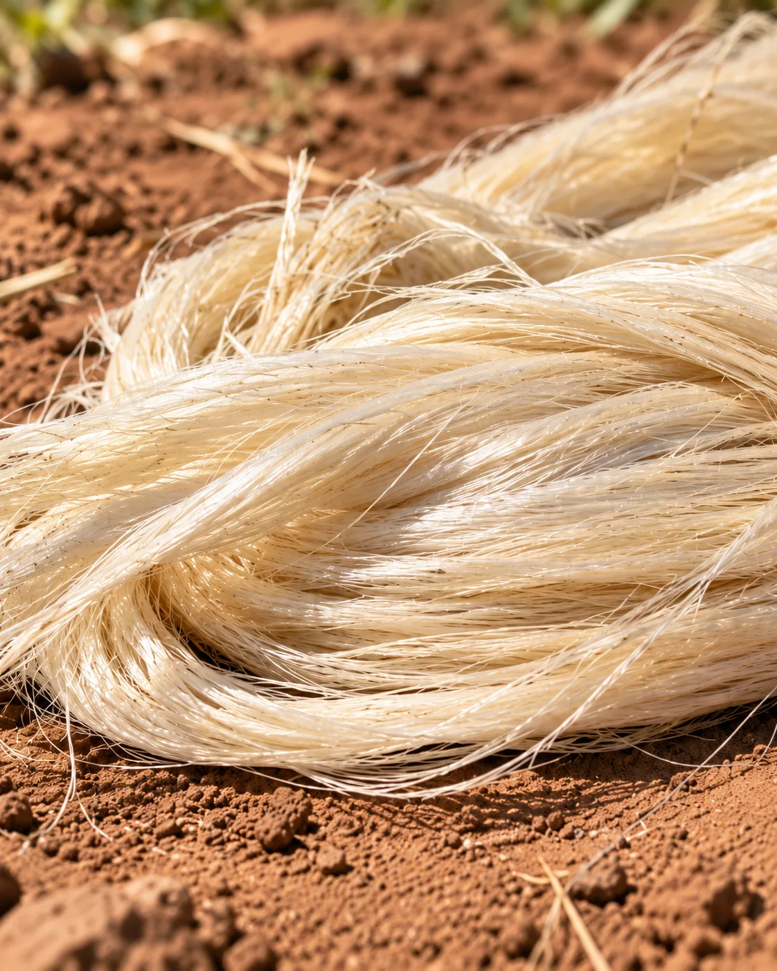 Bundle of golden sisal fibres on red earth.