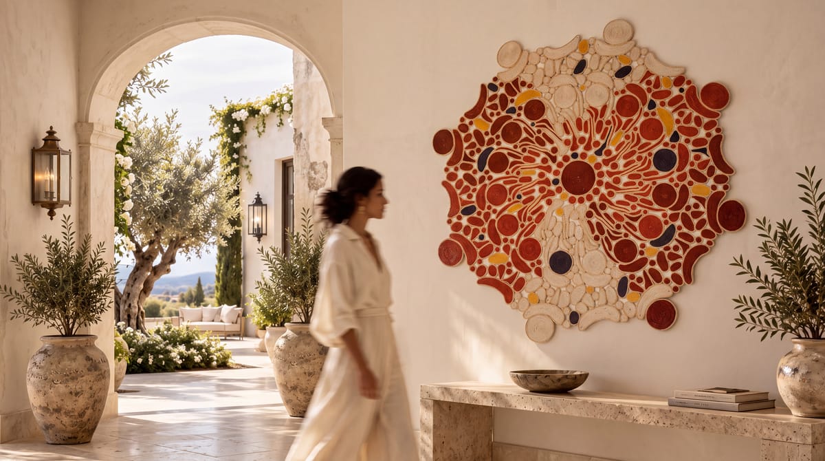 Large circular sisal wall tapestry in terracotta and cream tones in a sunlit villa entryway, with an interior courtyard beyond.
