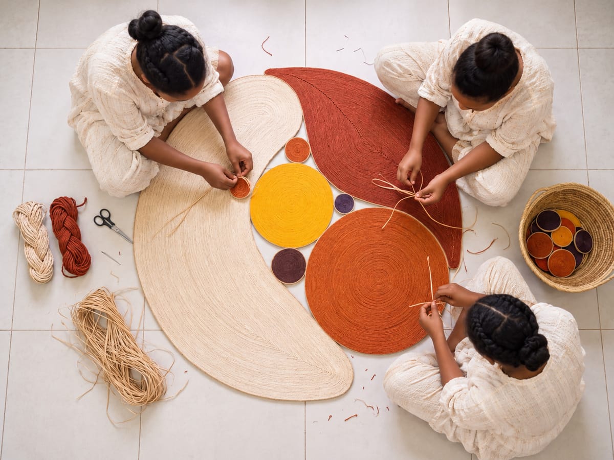 Deux artisanes assises au sol tressent des fibres de sisal dans un atelier lumineux, entourées de paniers, avec une grande pièce en spirale aux tons violets devant elles.