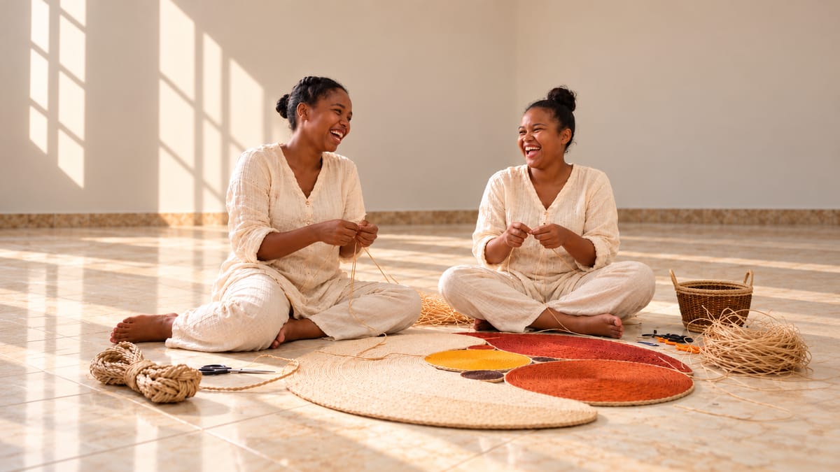 Deux artisanes assises au sol tressent des fibres de sisal dans un atelier lumineux, entourées de paniers, avec une grande pièce en spirale aux tons violets devant elles.