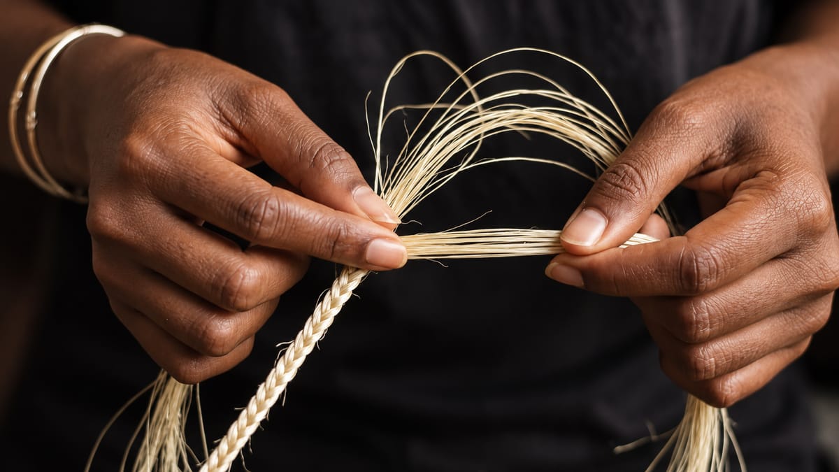 Close-up of hands hand-stitching circular discs of braided fibres in blue-grey, yellow and cream.
